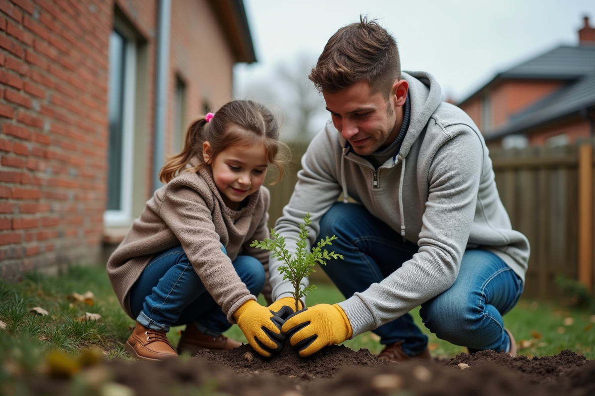 Pere et fille plantant un arbre dans le jardin