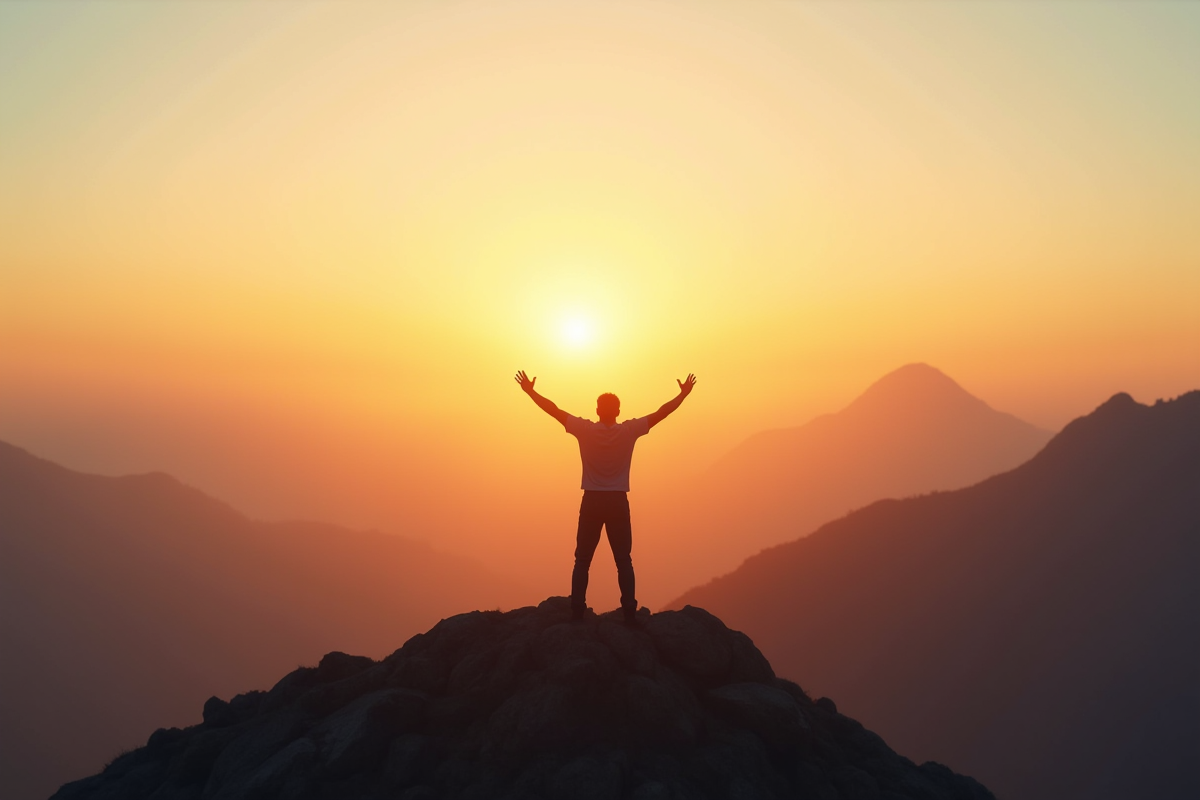 Personne sur une montagne au lever du soleil symbolisant la croissance