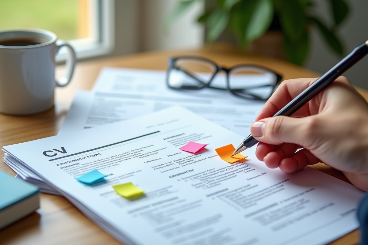 Pile de CV avec notes colorées et main soulignant une réussite