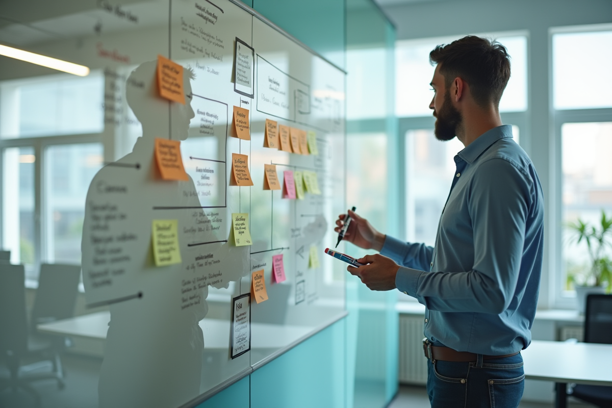 Personne dessinant un plan de communication sur un tableau blanc lumineux