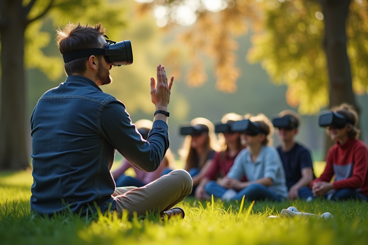 Professeur avec casques de realite virtuelle en plein air