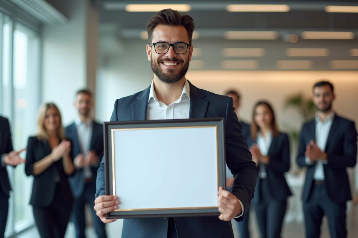 Professionnel confiant tenant un certificat dans un bureau lumineux