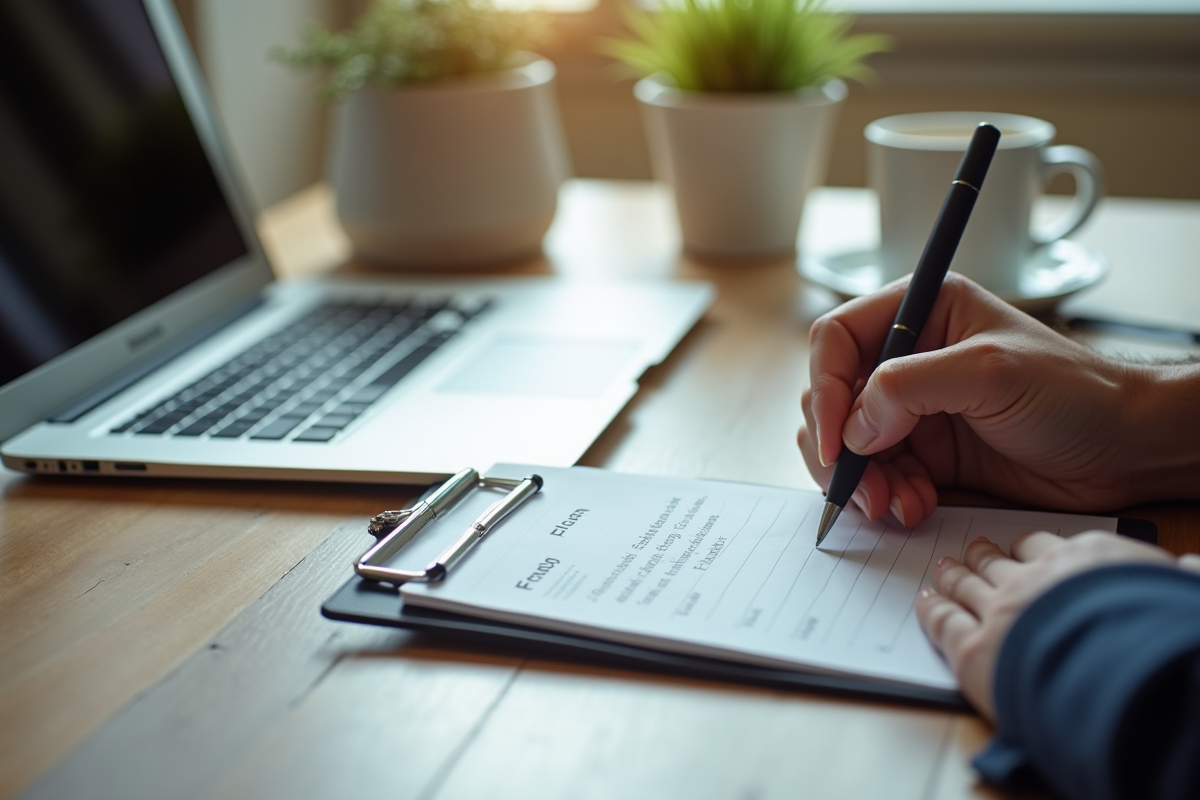 Main remplissant un formulaire de feedback sur un bureau propre