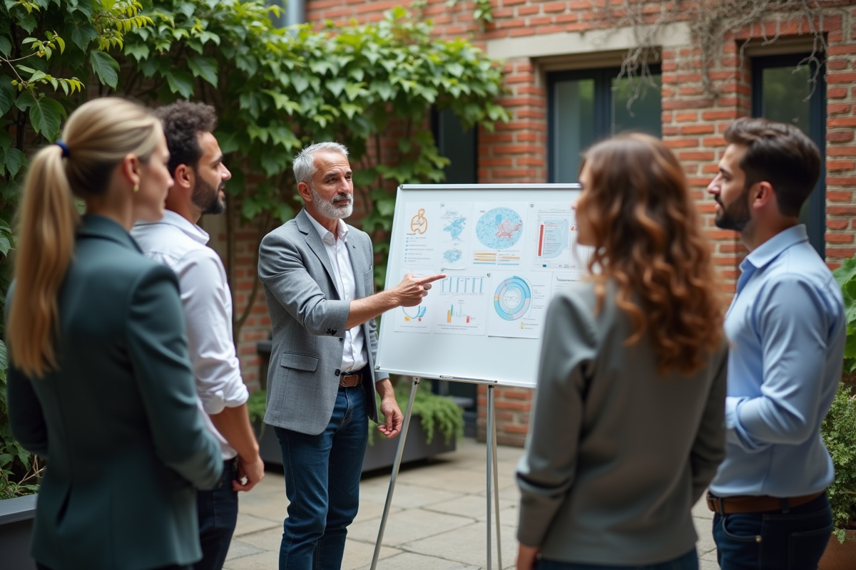 Groupe de professionnels divers en réunion en extérieur