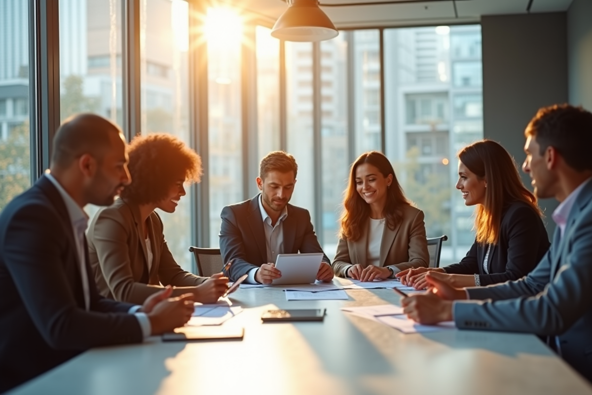 Groupe de professionnels lors d'une réunion dans un bureau lumineux