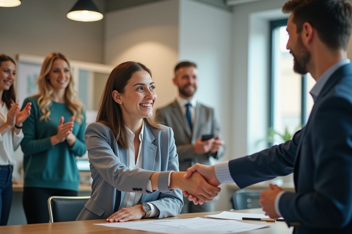 Stagiaire souriant serrant la main de son mentor en entreprise