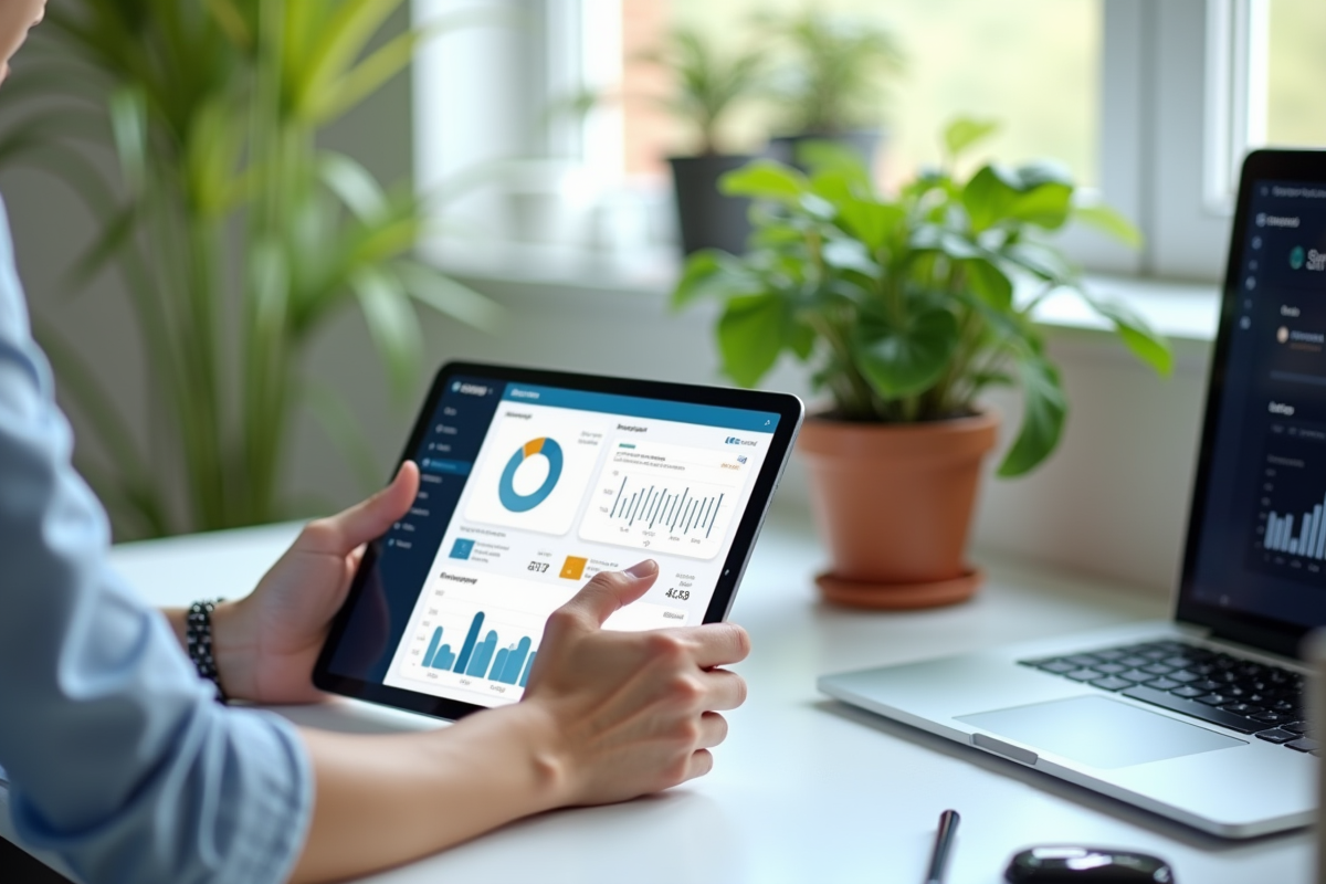 Main utilisant une tablette avec tableau de bord BGE lumineux